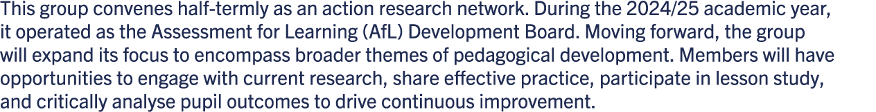 This group convenes half termly as an action research network. During the 2024/25 academic year, it operated as the A...